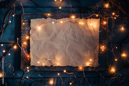 A piece of blank paper surrounded by beautiful fairy lights photo