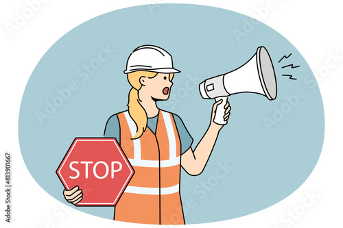 Female architect in helmet hold megaphone and stop sign regulate traffic on road. Woman builder screaming on construction site. Vector illustration.