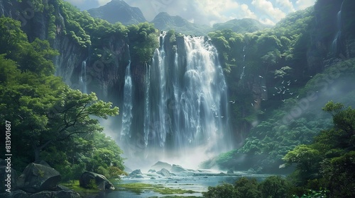 a waterfall in a tropical rainforest. The waterfall is surrounded by lush green vegetation and the water is crystal clear.