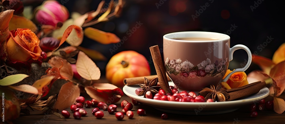 An autumn themed hot drink featuring a cup of tea alongside rose hips nuts and leaves in a beautifully composed arrangement. Copy space image. Place for adding text and design An autumn themed hot drink featuring a cup of tea alongside rose hips nuts and leaves in a beautifully composed arrangement. Copy space image. Place for adding text and design