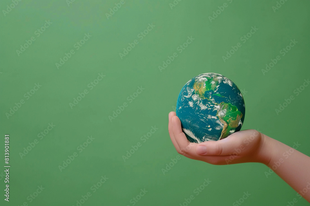 A conceptual image depicting a human hand holding a small globe against a plain green background, symbolizing care and responsibility for our planet. A conceptual image depicting a human hand holding a small globe against a plain green background, symbolizing care and responsibility for our planet.