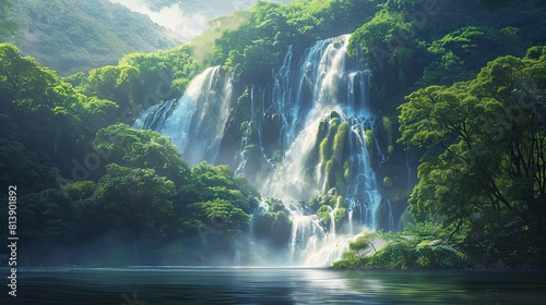 a beautiful waterfall in a lush green forest