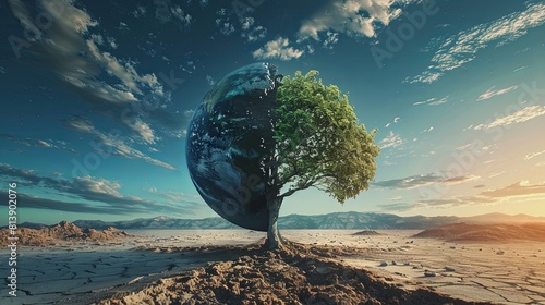 a tree with the Earth as its crown. The tree is in a desert. photo
