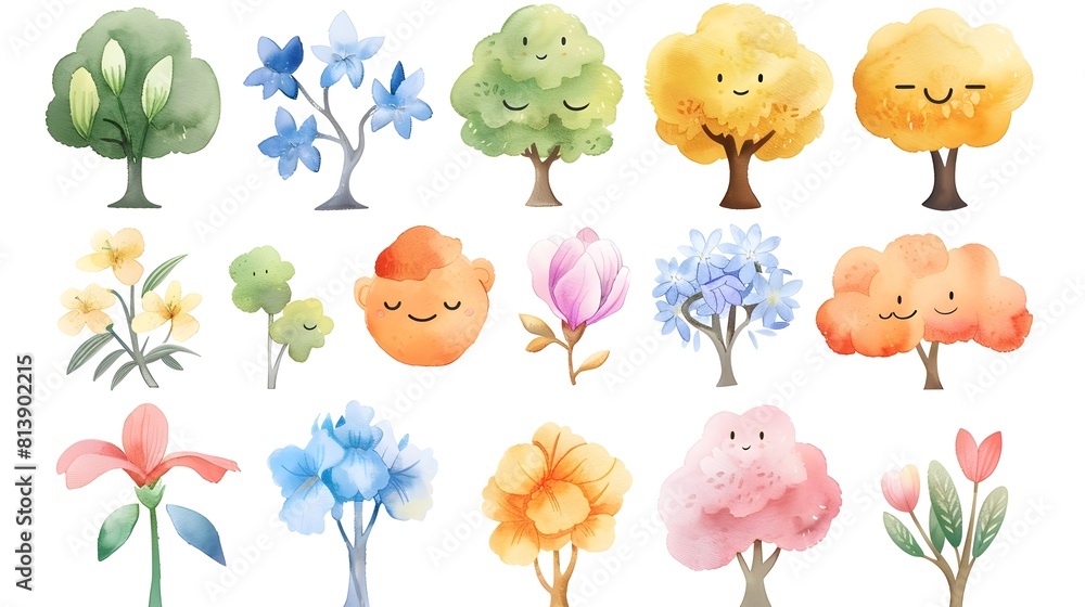 Fototapeta premium Colorful Watercolor of Playful Stylized Trees and Flowers