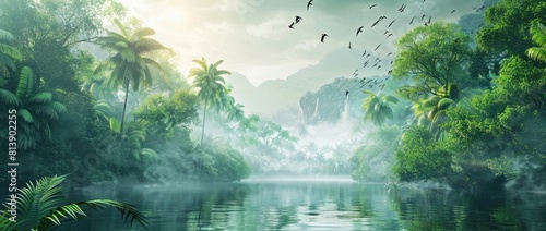 3d wallpaper jungle landscape with river  green trees and birds  palm tree in misty tropical forest