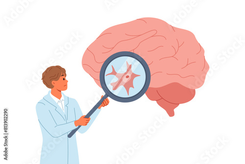 Neurosurgeon doctor examines patient large brain for signs of malignancy or alzheimer symptoms. Magnifying glass in hands of physician diagnosing dementia during brain examination.
