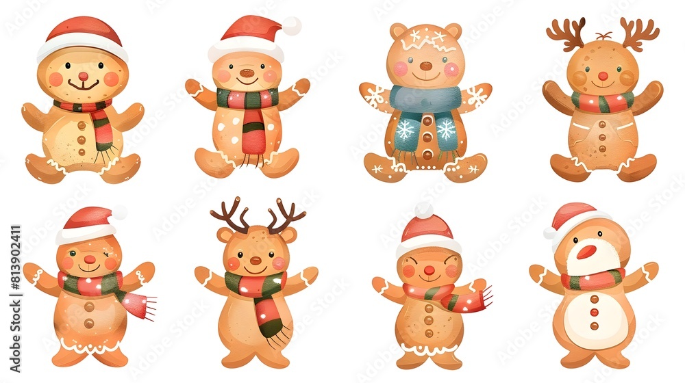 Fototapeta premium Cute Christmas Characters with Festive Holiday and Ornaments in Cartoon Style