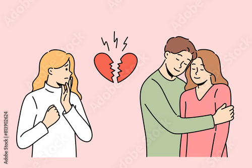 Love triangle between woman upset because of boyfriend who was accused of cheating. Broken heart near love triangle of couple and envious girl suffering from unrequited sympathy for man