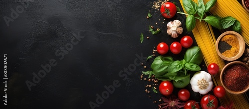 Obraz  z motywem The Italian food background features a variety of ingredients like tomatoes basil spaghetti pepper olive oil and garlic arranged on a slate background with a wooden spoon added for visual interest