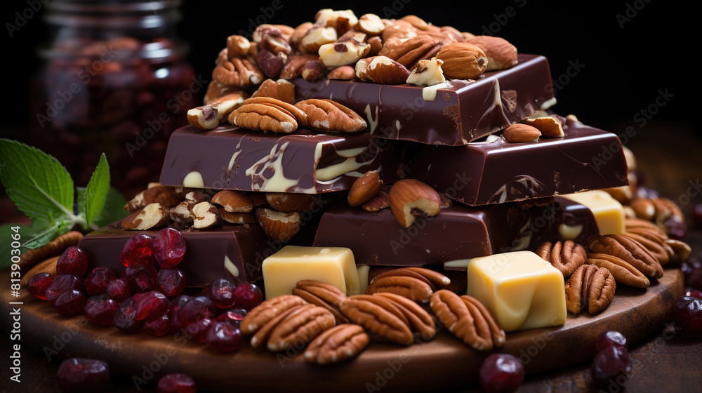 Stack of Milk and Delicious Chocolates And Nuts on Table With Candles on Dark Blurry Background Stack of Milk and Delicious Chocolates And Nuts on Table With Candles on Dark Blurry Background
