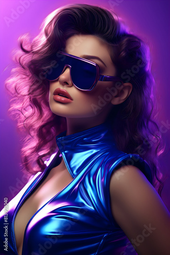 Wallpaper Mural Fashion model in sunglasses with artistic makeup. Retro-futuristic portrait of caucasian woman in style of 80s on pink purple backdrop. Vivid retrowave synthwave vaporwave wallpaper for party poster. Torontodigital.ca