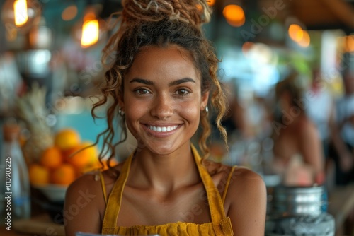 young barista/Waitress with dreadlocks smiling warmly in a busy café setting
