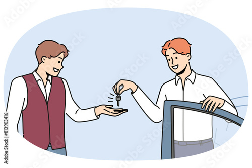 Smiling businessman give car key to staff at parking lot. Happy man ask valet to park automobile near hotel or building. Vector illustration.