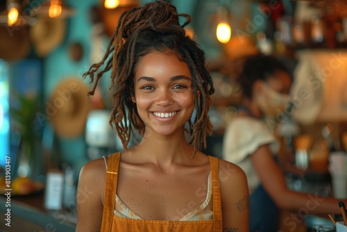 young barista/Waitress with dreadlocks smiling warmly in a busy café setting
