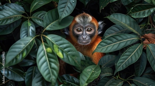 A langur peeking out from amidst the dense foliage in a beautifully captured portrait photo