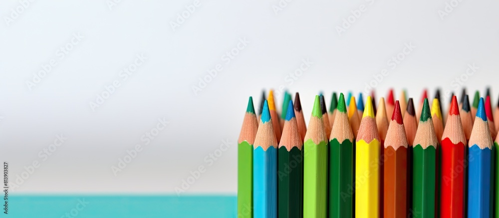 Fototapeta premium There is a copy space image with a notebook and a set of brightly colored pencils