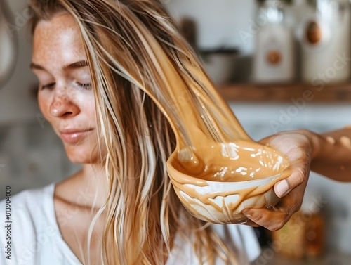 Close-up of woman applying nourishing hair mask at home for self-care and natural beauty ritual