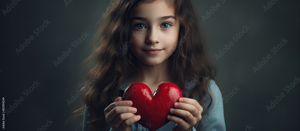 A young girl is holding a red heart with available space for advertising text in the picture. Copy space image. Place for adding text and design A young girl is holding a red heart with available space for advertising text in the picture. Copy space image. Place for adding text and design