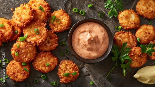 A topdown view of deepfried cheddar cheese patty nuggets photo