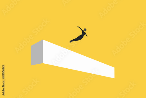 Businessman jump on cross over brick wall. concept of Overcome obstacle, solving business problem, and solution for path