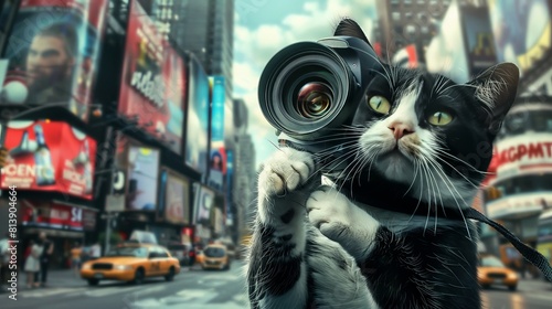 A rotund black and white cat with a camera, capturing candid moments with artistic flair in a bustling cityscape, its keen eyes focused on the vibrant energy of urban life.