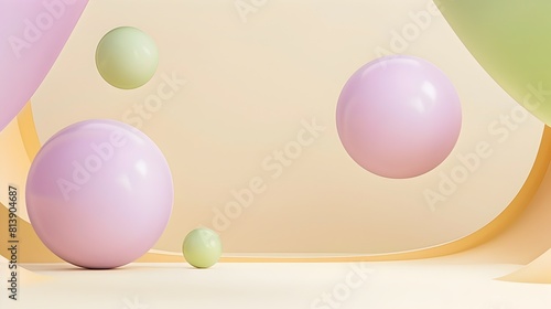 Minimalist Floating Geometric Shapes in Pastel Colors on Beige Background