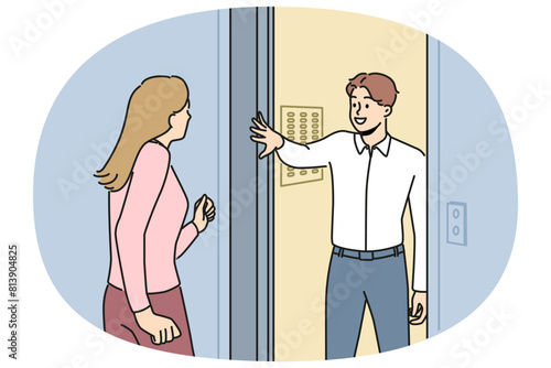 Smiling man holding lift doors to neighbor. Happy male hold elevator to woman neighbour. Vector illustration.