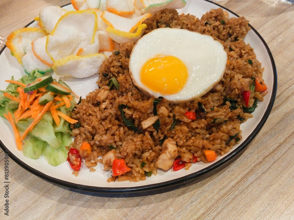 a plate of traditional fried rice with chicken, and sunny side up egg served with pickles and crackers a plate of traditional fried rice with chicken, and sunny side up egg served with pickles and crackers