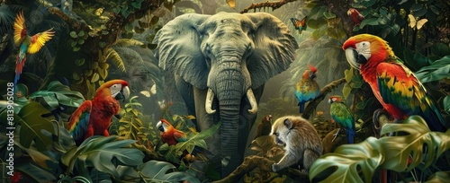 3d wallpaper  jungle landscape with elephant parrots and monkey in the center of frame  colorful  detailed