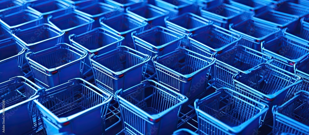 The image displays a close up view of shopping carts arranged on a vibrant blue background offering ample copy space The image displays a close up view of shopping carts arranged on a vibrant blue background offering ample copy space