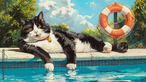 A rotund black and white cat with a lifeguard whistle, patrolling the poolside with a watchful eye. photo