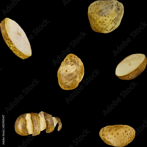 Potato whole cut half watercolor black pattern 