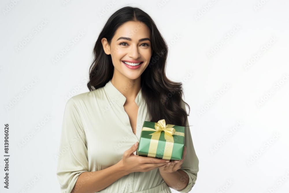 Portrait of a blissful woman in her 30s holding a gift in white background Portrait of a blissful woman in her 30s holding a gift in white background