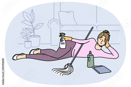 Tired housewife lying on home floor exhausted with cleaning and washing. Lazy woman relax on carpet procrastinate during clean day. Chores and household. Vector illustration.