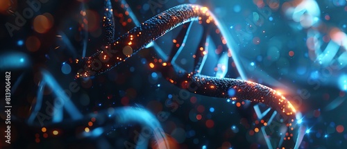 A close up of a DNA double helix with glowing colorful lights on a dark blue background, stock photo, high detail, in the style of hyperrealistic, in the style of photorealism, ultra realistic, sharp photo