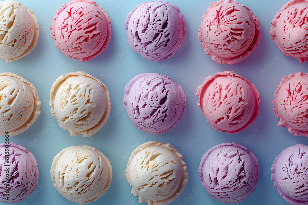 Colorful Ice cream popsicle pattern on pastel blue background, top view, 3d render Colorful Ice cream popsicle pattern on pastel blue background, top view, 3d render