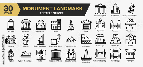 Set of 30 Monument landmark icon set. Editable Stroke Icon Collection. Includes tower, bridge, gate, egypt, architecture and More. Outline icons vector collection.