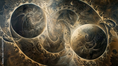 Celestial bodies in timeless void adorned with intricate patterns background