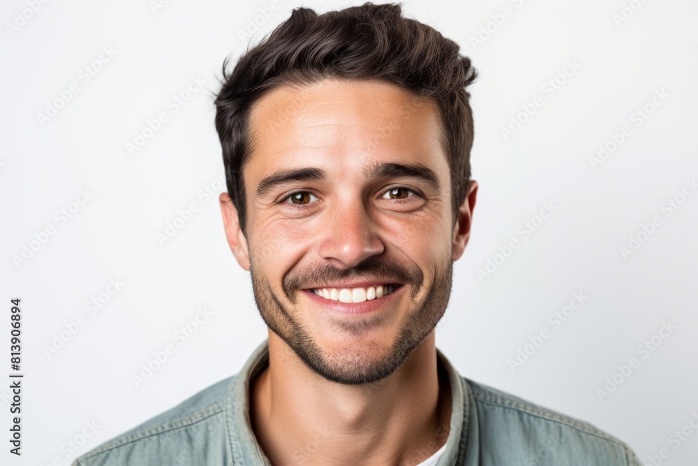 Fototapeta premium Portrait of a glad man in his 30s smiling at the camera in white background