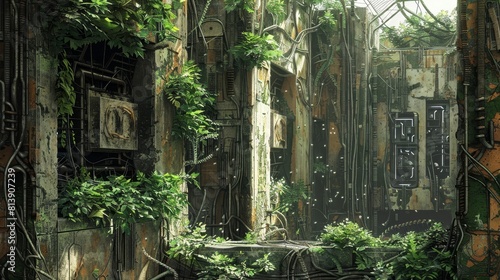 Nature overtakes technological ruins intertwining with circuitry background