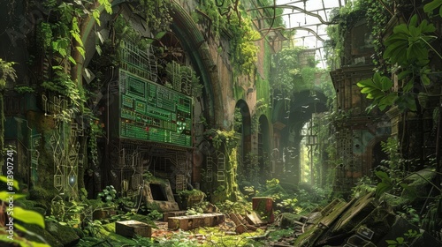 Nature overtakes technological ruins intertwining with circuitry background
