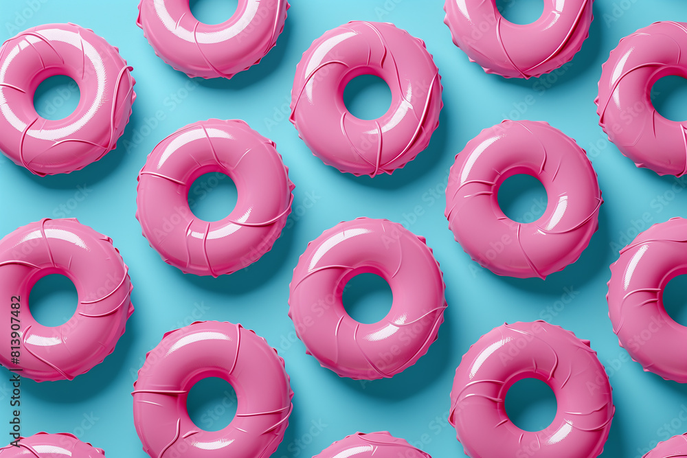Mosaic of pink swim rings, blue background, top view, pattern, 3d render Mosaic of pink swim rings, blue background, top view, pattern, 3d render