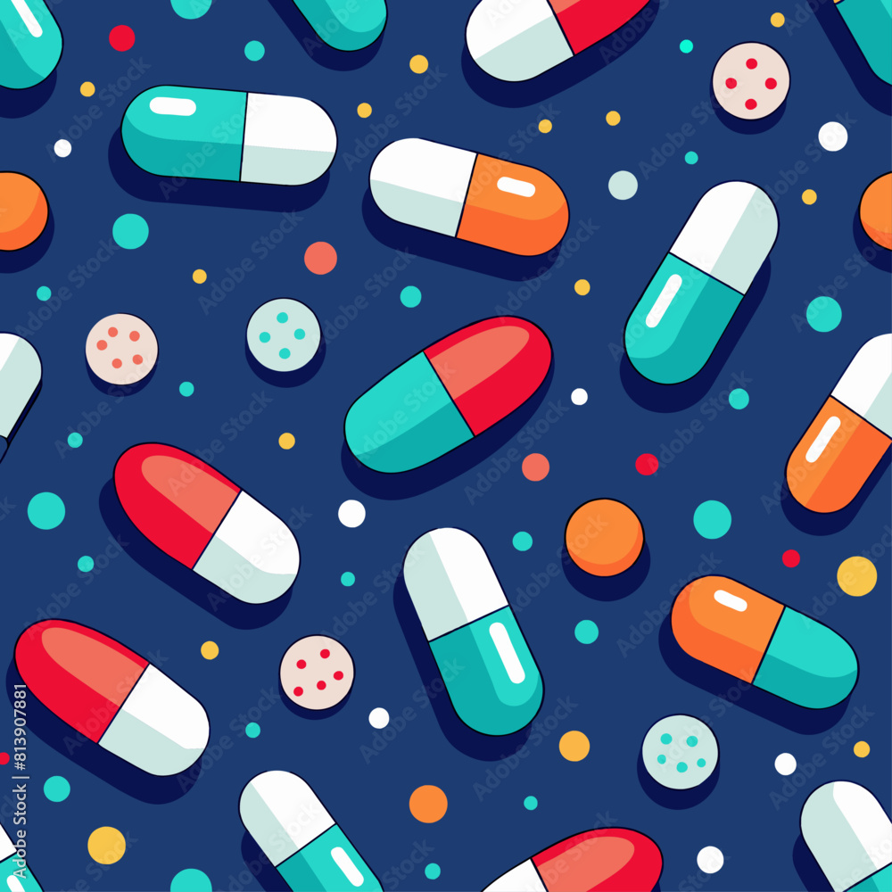 Seamless pattern of capsules and pills on a dark blue background. Flat illustration. Medicine and healthcare concept. Design for textile, wallpaper, print. Seamless pattern of capsules and pills on a dark blue background. Flat illustration. Medicine and healthcare concept. Design for textile, wallpaper, print.