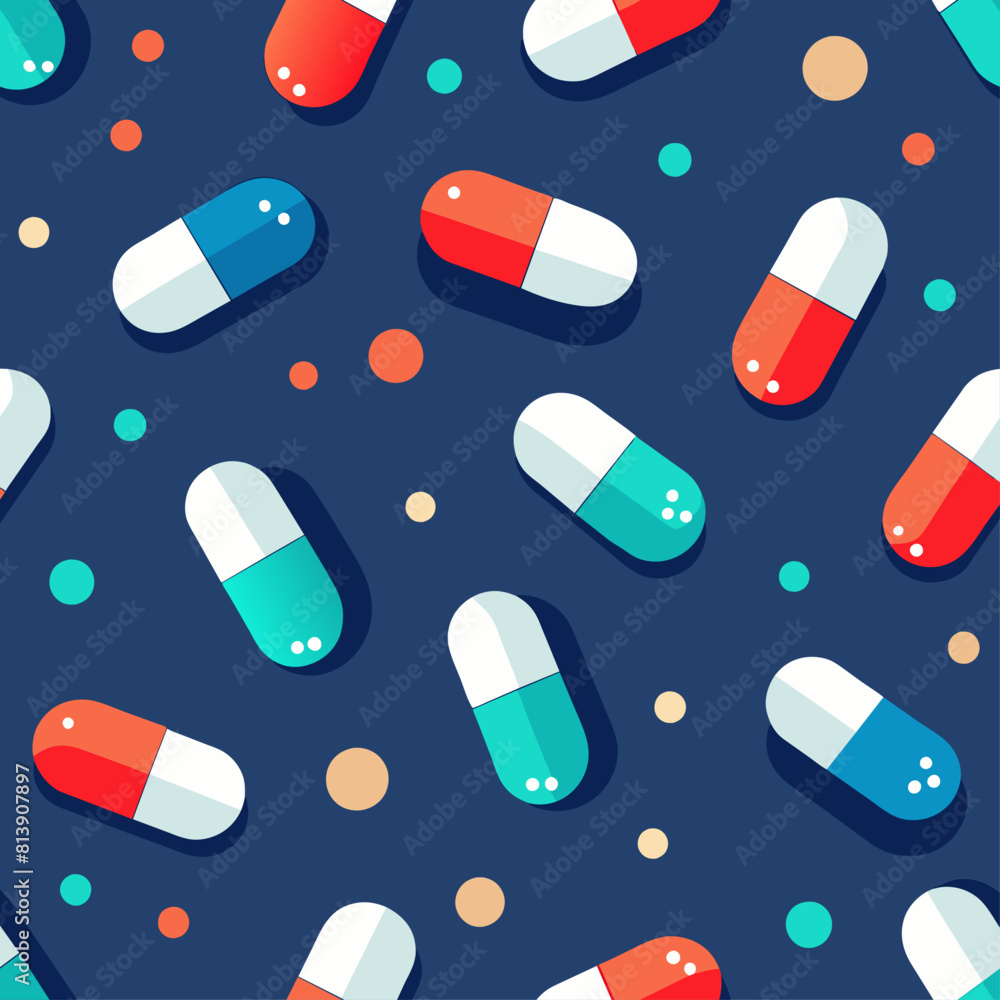 Seamless pattern of capsules and pills on a dark blue background. Flat illustration. Medicine and healthcare concept. Design for textile, wallpaper, print. Seamless pattern of capsules and pills on a dark blue background. Flat illustration. Medicine and healthcare concept. Design for textile, wallpaper, print.
