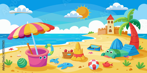 Cartoon beach scene with umbrella, sandcastle, and toys. Flat illustration. Summer vacation and beach fun concept. Design for banners, posters, print
