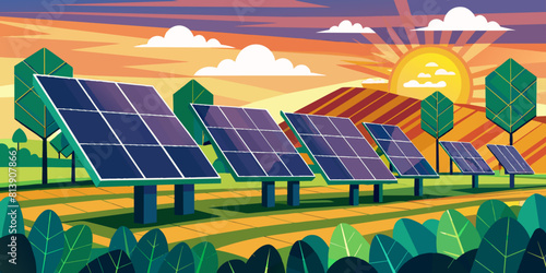Illustration of solar panels in a field during sunset. Clean energy and sustainable power concept. Design for posters, banners, print.