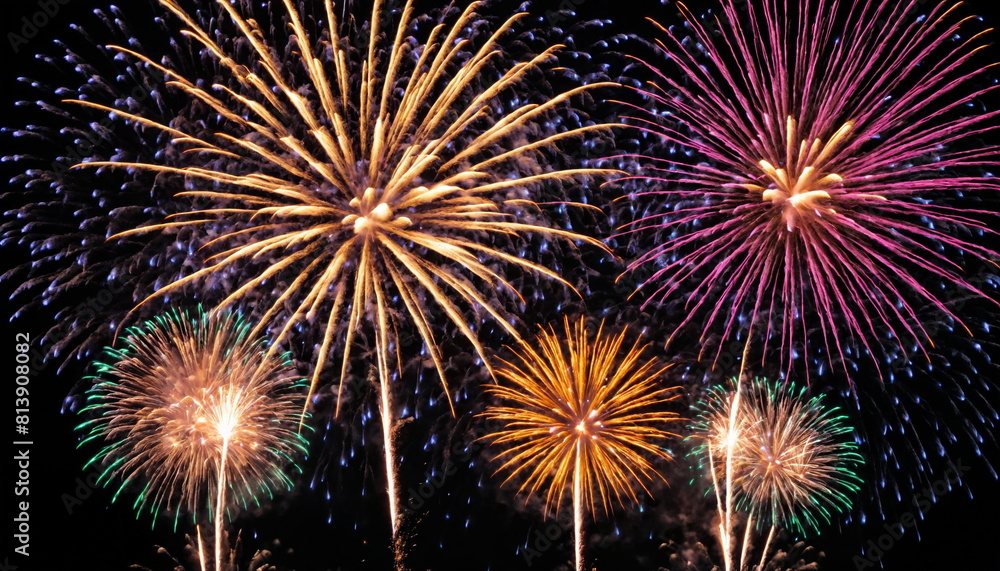 Obraz premium Vibrant Fireworks Display Lighting Up Night Sky During Festive Celebration