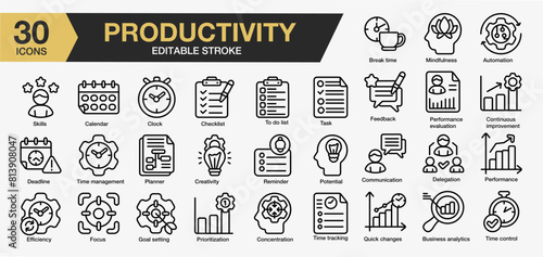 Set of 30 Productivity icon set. Editable Stroke Icon Collection. Includes goal, progress, marketing, efficiency, success and More. Outline icons vector collection.