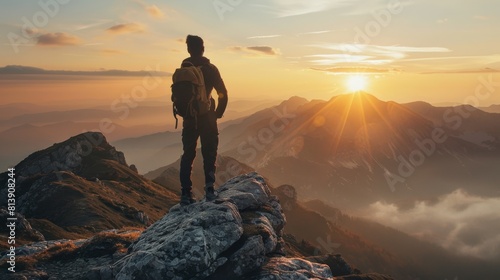 A man is standing on a mountain top with a backpack on