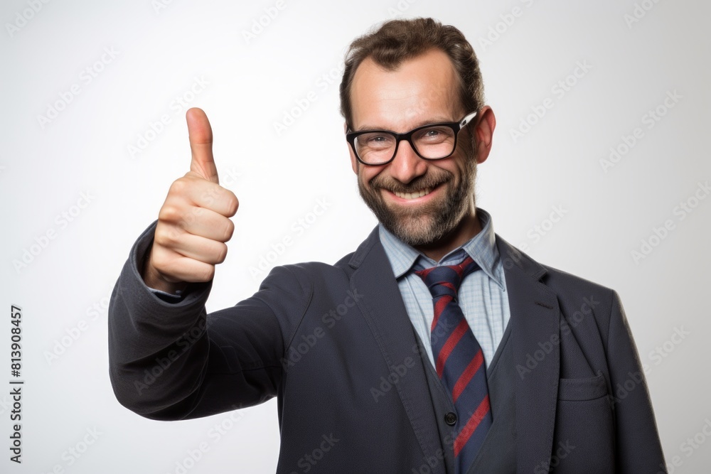 Portrait of a glad man in his 30s showing a thumb up over white background Portrait of a glad man in his 30s showing a thumb up over white background